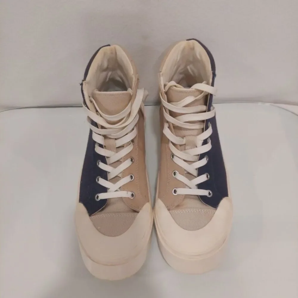 Limited H&M + GOOD NEWS Colab Navy/Sand Canvas Hightop Sneakers Women Sz 7 EU 39